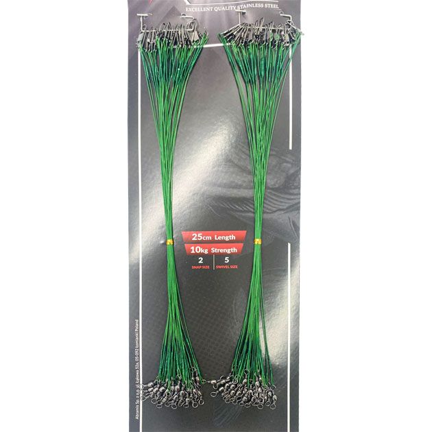 Поводок стальной Mikado X-Plode с застёжкой №2 и вертлюгом №5, 25 см.,10 кг. в зеленой оплётке 60 шт